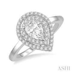 3/4 Ctw Round Cut Diamond Twin Border 1/2 Ct Pear Cut Center Stone Ladies Engagement Ring in 14K White Gold