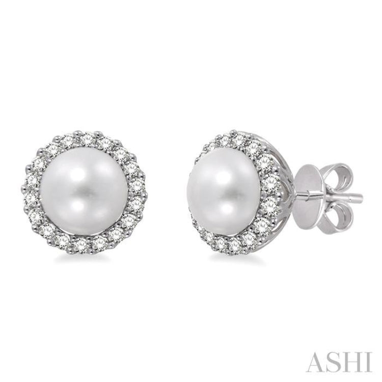 8 MM Cultured Pearls and 1/3 Ctw Round Cut Diamond Earrings in 14K White Gold