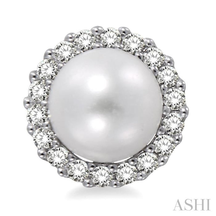 8 MM Cultured Pearls and 1/3 Ctw Round Cut Diamond Earrings in 14K White Gold