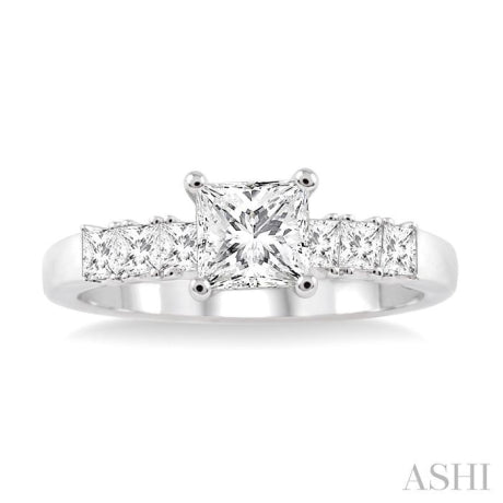 1 Ctw Diamond Engagement Ring with 5/8 Ct Princess Cut Center Stone in 14K White Gold