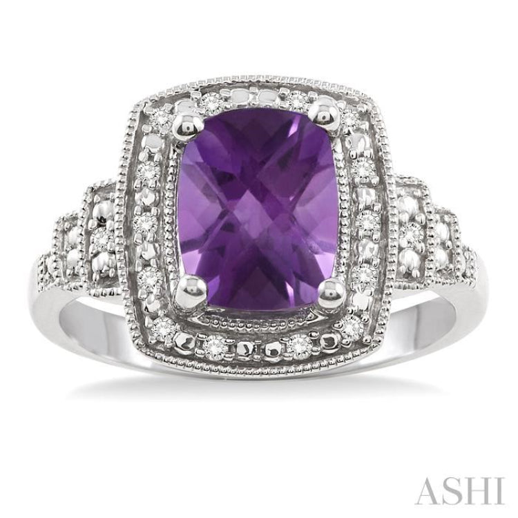 9x7 MM Cushion Shape Amethyst and 1/10 Ctw Round Cut Diamond Ring in Sterling Silver