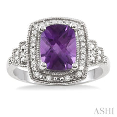 9x7 MM Cushion Shape Amethyst and 1/10 Ctw Round Cut Diamond Ring in Sterling Silver