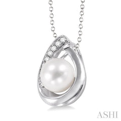 6.5 MM Cultured Pearl and 1/20 Ctw Round Cut Diamond Pendant in Sterling Silver with chain