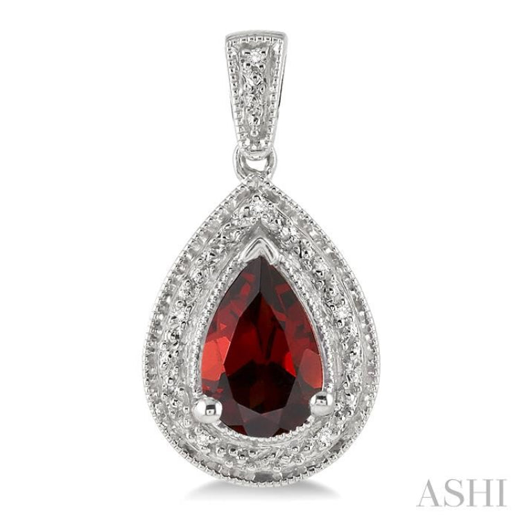 9x6 MM Pear Shape Garnet and 1/20 Ctw Round Cut Diamond Earrings in Sterling Silver