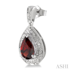 9x6 MM Pear Shape Garnet and 1/20 Ctw Round Cut Diamond Earrings in Sterling Silver