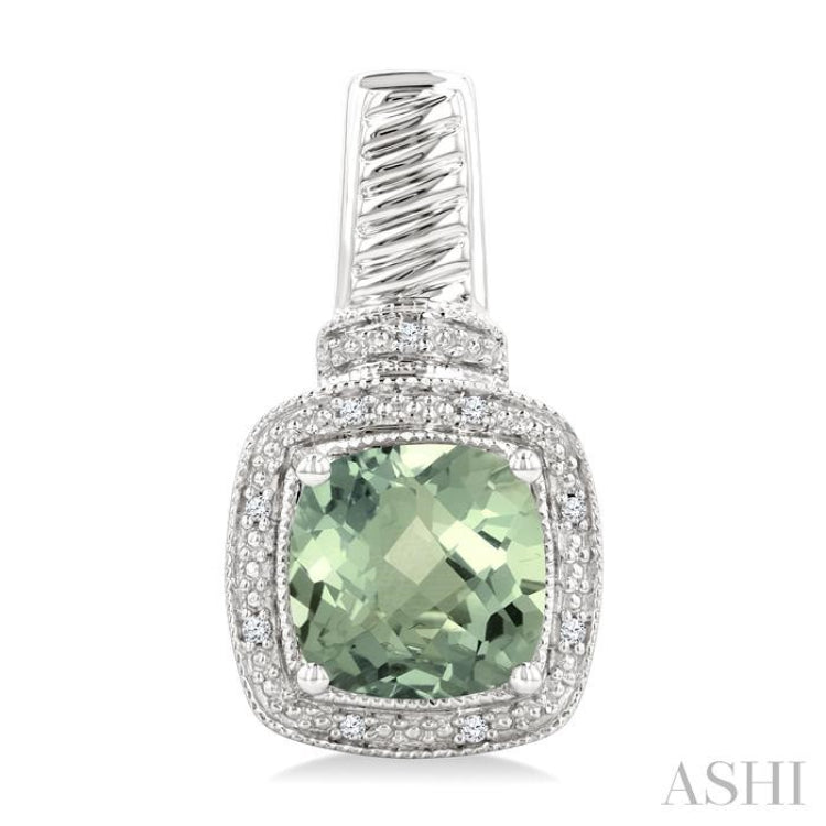 8x8 MM Cushion Shape Green Amethyst and 1/20 Ctw Round Cut Diamond Earrings in Sterling Silver