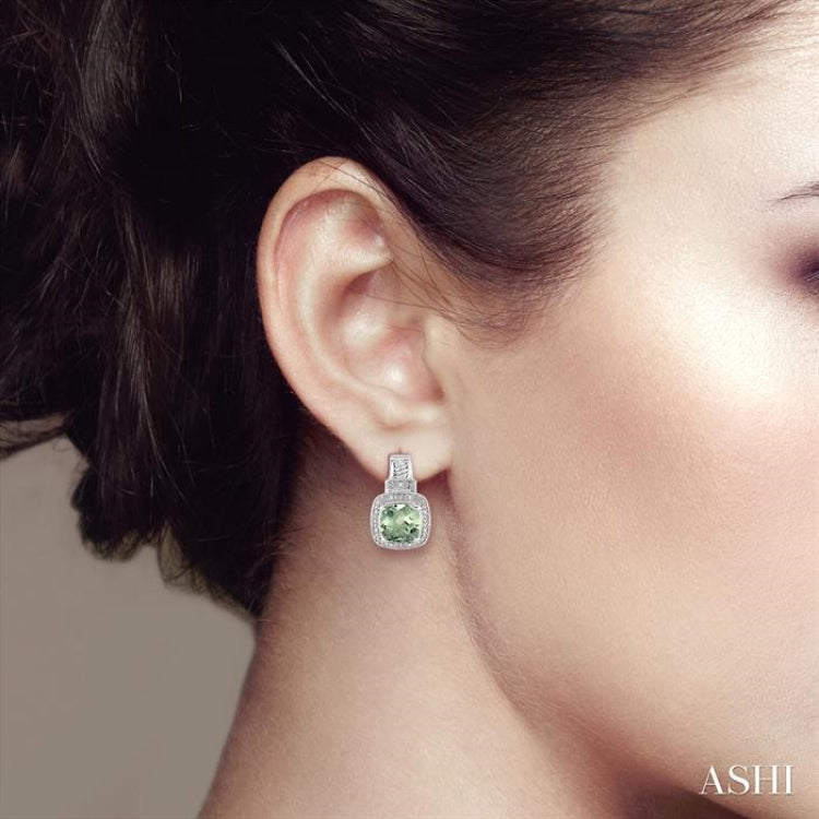 8x8 MM Cushion Shape Green Amethyst and 1/20 Ctw Round Cut Diamond Earrings in Sterling Silver