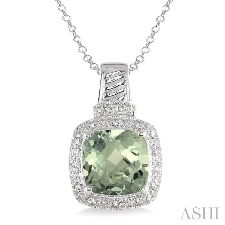 10x10 MM Cushion Shape Green Amethyst and 1/20 Ctw Round Cut Diamond Pendant in Sterling Silver with Chain