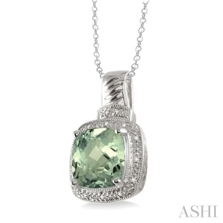 10x10 MM Cushion Shape Green Amethyst and 1/20 Ctw Round Cut Diamond Pendant in Sterling Silver with Chain
