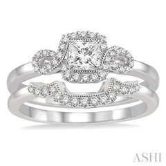 1/2 Ctw Diamond Wedding Set with 3/8 Ctw Princess Cut Engagement Ring and 1/10 Ctw Wedding Band in 14K White Gold