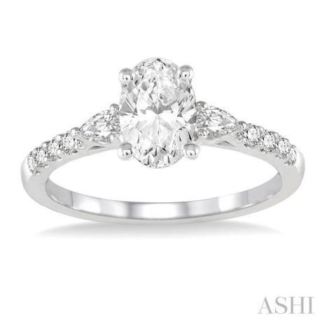 7/8 ctw Pear & Round Cut Diamond Engagement Ring With 1/2 ct Oval Cut Center Stone in 14K White Gold