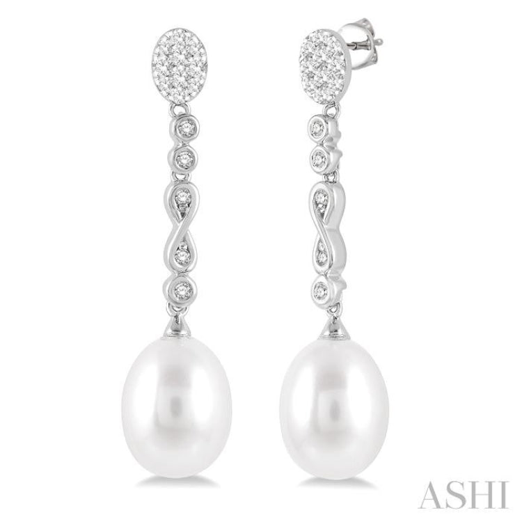 11x8.5 MM Cultured Pearls and 1/4 Ctw Round Cut Diamond Drop Hanging Lovebright Earrings in 14K White Gold