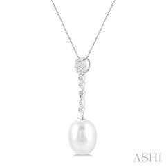 1/5 ctw Hanging Round Cut Diamond and 12x10MM Cultured Pearl Drop Lovebright Pendant With Chain in 14K White Gold