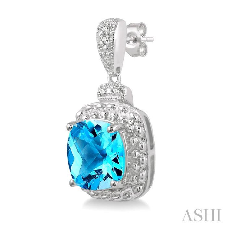 8x8 MM Cushion Shape Blue Topaz and 1/50 Ctw Round Cut Diamond Semi-Precious Earrings in Sterling Silver