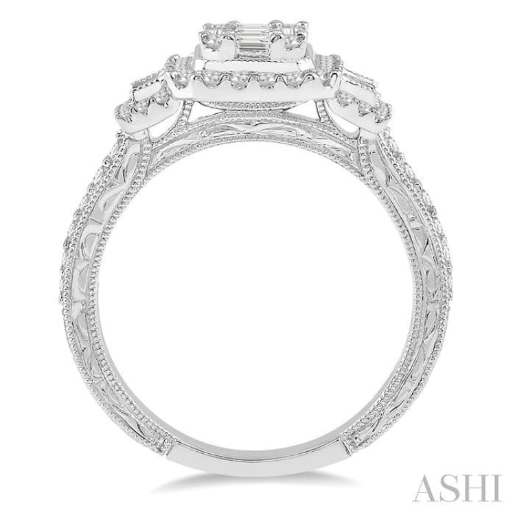 7/8 Ctw Octagonal & Rectangular Mount Baguette and Round Cut Diamond Engagement Ring in 14K White Gold