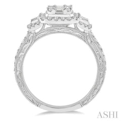 7/8 Ctw Octagonal & Rectangular Mount Baguette and Round Cut Diamond Engagement Ring in 14K White Gold