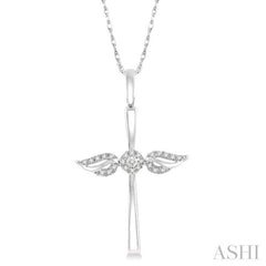 1/10 Ctw Angel Wing Round Cut Diamond Cross Petite Pendant With Chain in 10K White Gold