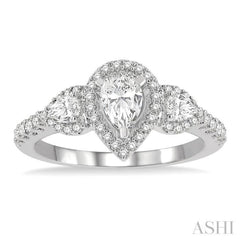 1 Ctw Past, Present & Future Round Cut Diamond Engagement Ring With 3/8 ct Pear Cut Center Stone in 14K White Gold