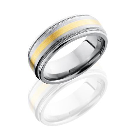 Titanium 8mm Flat Band with Rounded Edges, Milgrain, and 2mm 14KY
