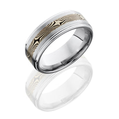 Cobalt Chrome 8mm Flat Band with Grooved Edges and 3mm Mokume Inlay