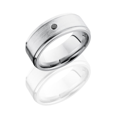 Cobalt Chrome 8mm Flat Band with Grooved Edges, 5mm SS, and Flush Set .03ct Black Round Diamond