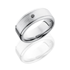 Cobalt Chrome 8mm Flat Band with Grooved Edges, 5mm SS, and Flush Set .03ct Black Round Diamond