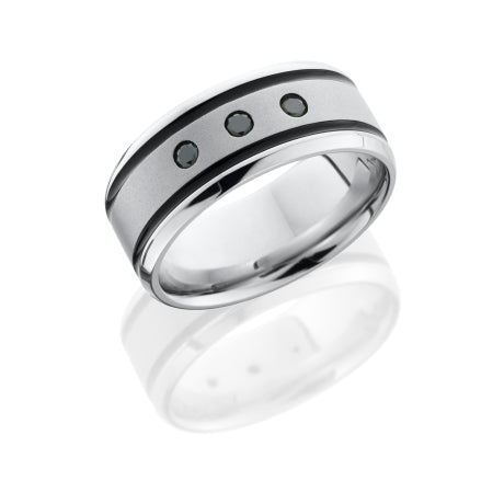 Cobalt Chrome 9mm beveled band with three .06ct black diamonds bezel set