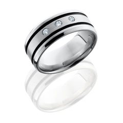 Cobalt Chrome 9mm Flat Band with Black Antiqued Grooveds and Flush Set Diamonds