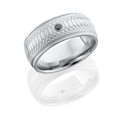 Cobalt Chrome 9mm domed band with grooved edges with milgrain on either side and the More pattern in the center