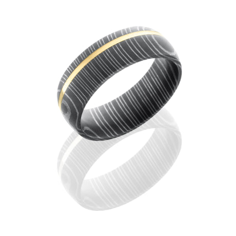 Damascus Steel 7mm Domed Band with 1mm 14KY
