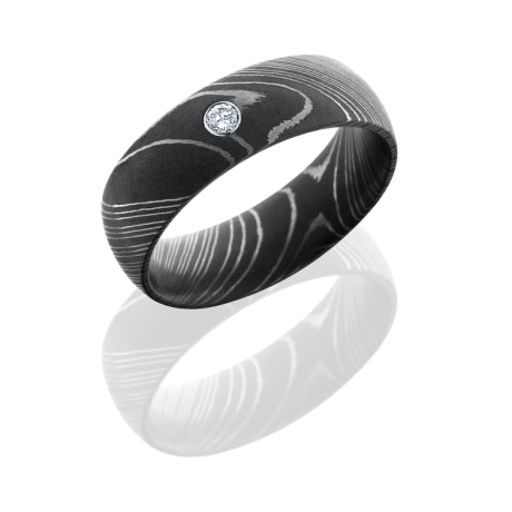 Damascus Steel 8mm Domed Band with Bezel Set .05ct White Round Diamond