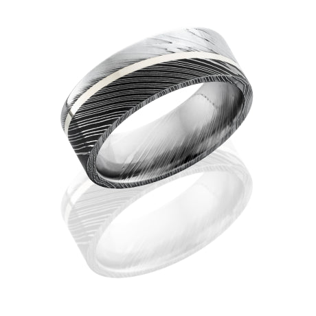 Damascus 8mm flat band with 1mm Sterling Silver set at an angle