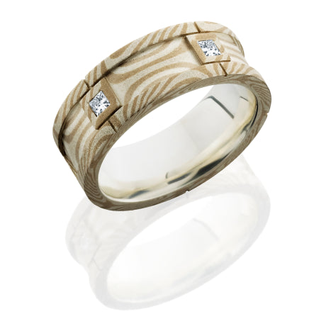 Mokume 7.5mm Flat Segment with PD, SS and Flush Set White Princess Cut Diamonds