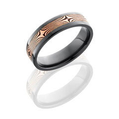 Zirconium 6mm Flat Band with 3mm 14KR and Shakudo Mokume