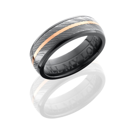 Zirconium 7mm Domed Band with 5mm Damascus and 1mm 14KR