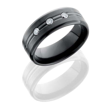 Zirconium 8mm Beveled Band with Domed Center and Three Bezel Set .05ct White Round Diamonds