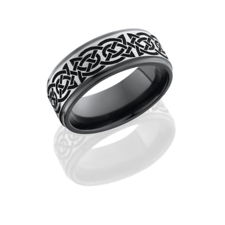 Zirconium 8mm flat band with grooved edges with laser carved Celtic 10 pattern