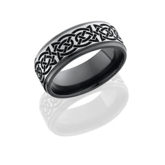 Zirconium 8mm flat band with grooved edges with laser carved Celtic 10 pattern