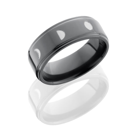 Zirconium 8mm Flat Band with Grooved Edges and Moon Pattern