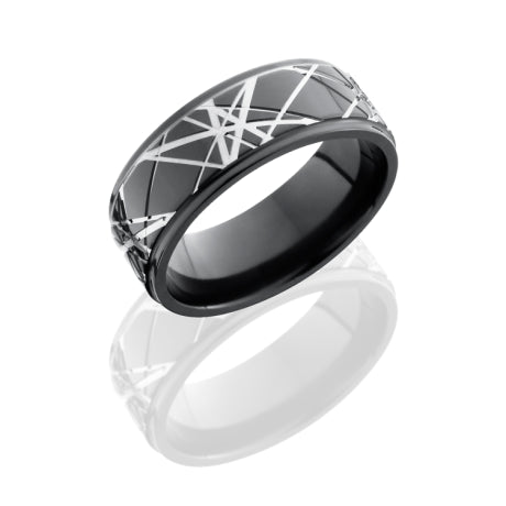 Zirconium 8mm Flat Band with Grooved Edges and Retro Pattern