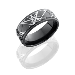 Zirconium 8mm Flat Band with Grooved Edges and Retro Pattern