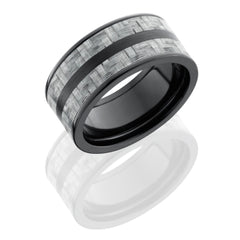 Zirconium 10mm Flat Band with 2 stripes of 3mm Silver Carbon Fiber