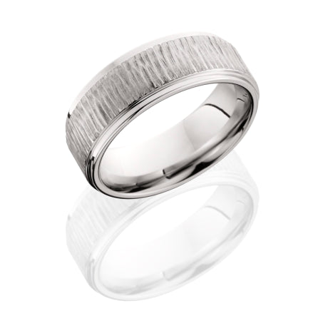 Cobalt Chrome 8mm flat band with grooved edges and a Treebark 1 Brush finish