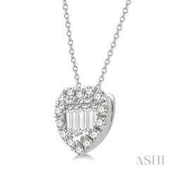 1/5 ctw Heart Shape Baguette Center & Round Cut Diamond Pendant With Chain in 14K White Gold