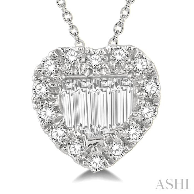 1/5 ctw Heart Shape Baguette Center & Round Cut Diamond Pendant With Chain in 14K White Gold