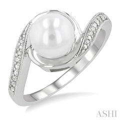 1/50 Ctw Bypass Round Cut Diamond & 7x7 MM Cultured Pearl Ring in Sterling Silver
