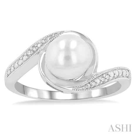1/50 Ctw Bypass Round Cut Diamond & 7x7 MM Cultured Pearl Ring in Sterling Silver