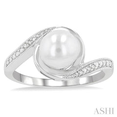1/50 Ctw Bypass Round Cut Diamond & 7x7 MM Cultured Pearl Ring in Sterling Silver