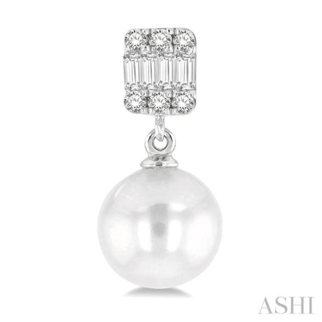 6MM Cultured Pearls and 1/10 ctw Baguette and Single Cut Diamond Earring in 14K White Gold