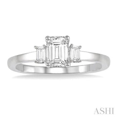 5/8 Ctw Emerald and Baguette Diamond Engagement Ring with 1/2 Ct Emerald cut Center Stone in 14K White Gold